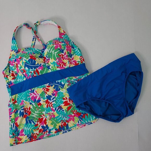 Lands End 2 Piece Blue Floral Swimsuit NWOT Size 12 - Picture 1 of 6